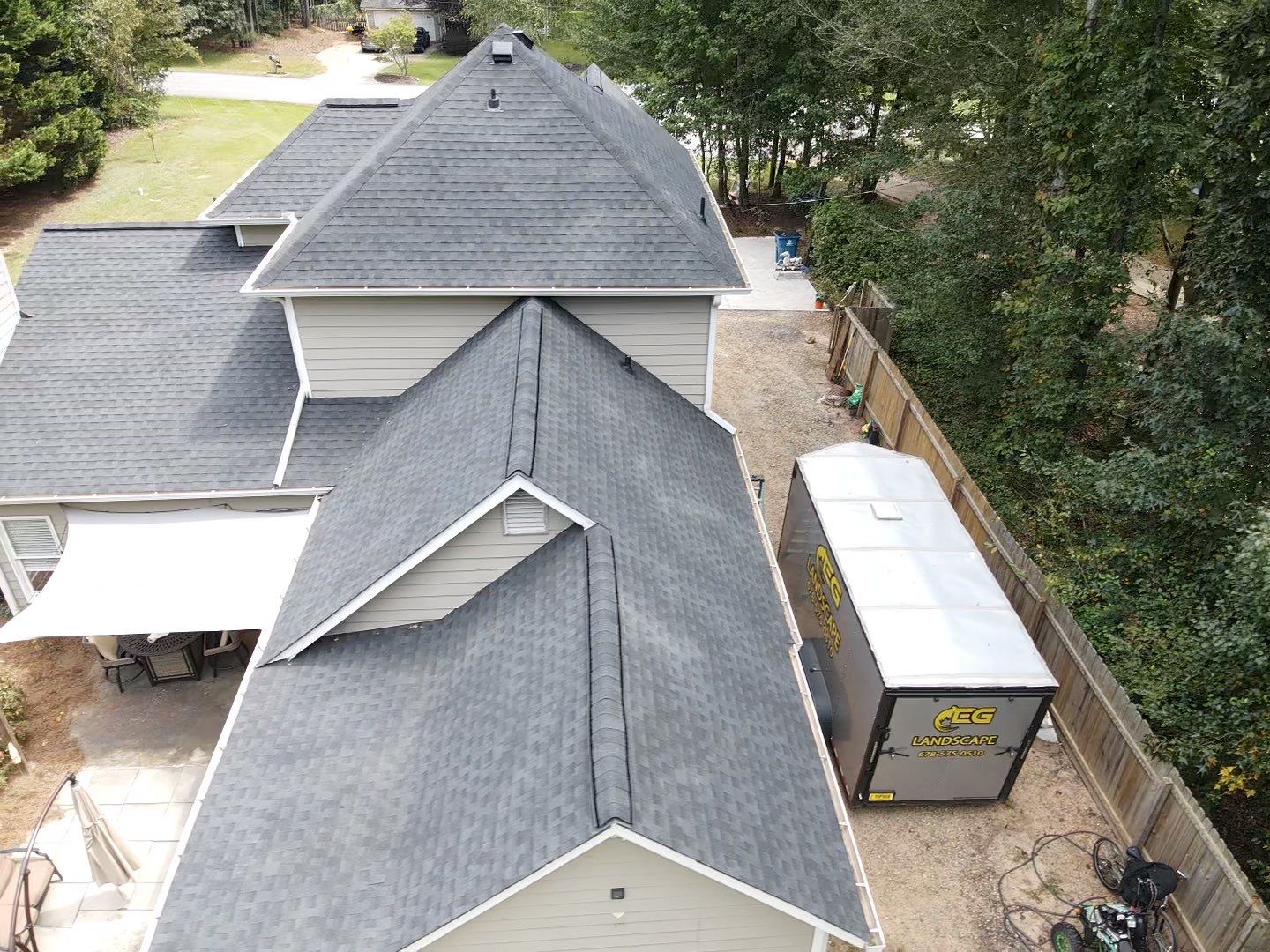 Completed roof — aerial view of residential home